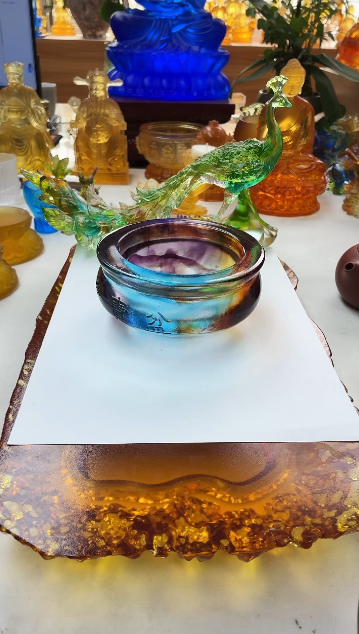 手工艺品琉璃13*6公分七彩色聚宝盆【有冰裂纹】