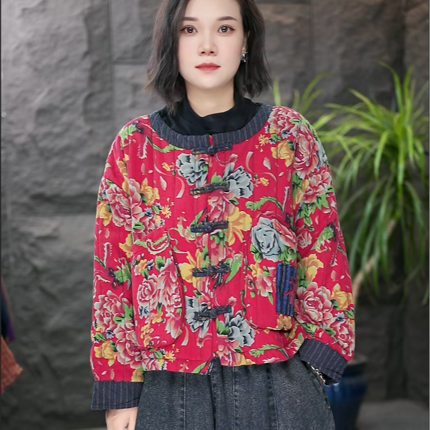 FF短款拼接春季针织圆领短外套厚款秋季提花宽松宽松型棉衣印花