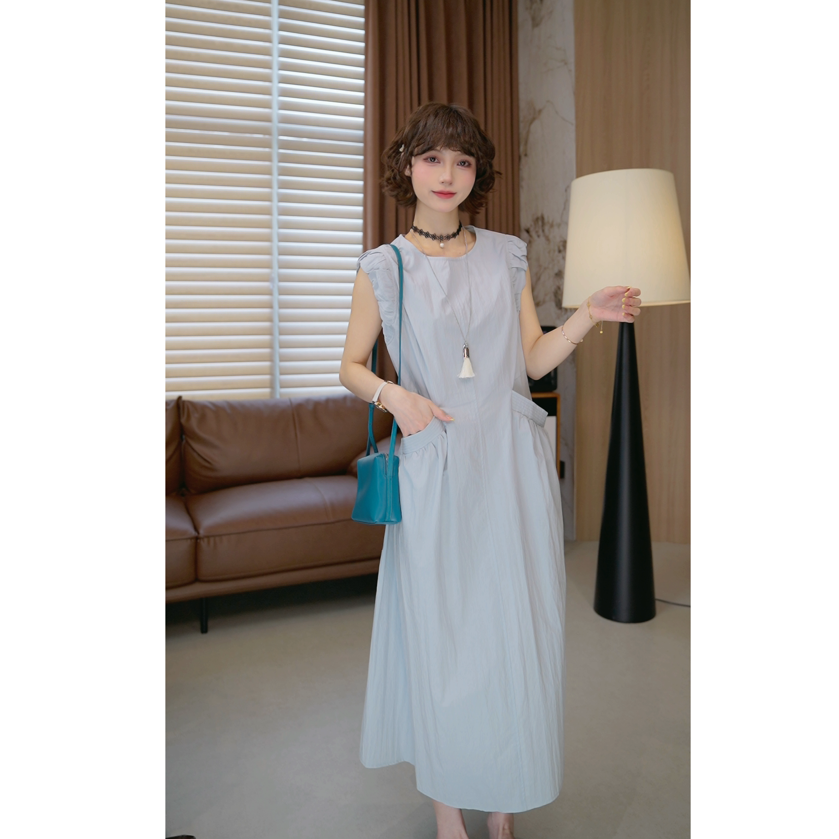 5.29【薇薇绮】设计感圆领花边小飞袖连衣裙显瘦气质夏季长裙 D715