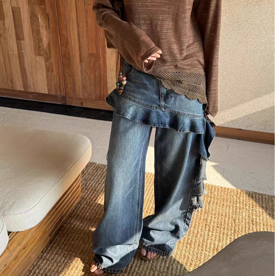 98197#设计师款小众木耳边屁帘牛仔裤女洋气百搭