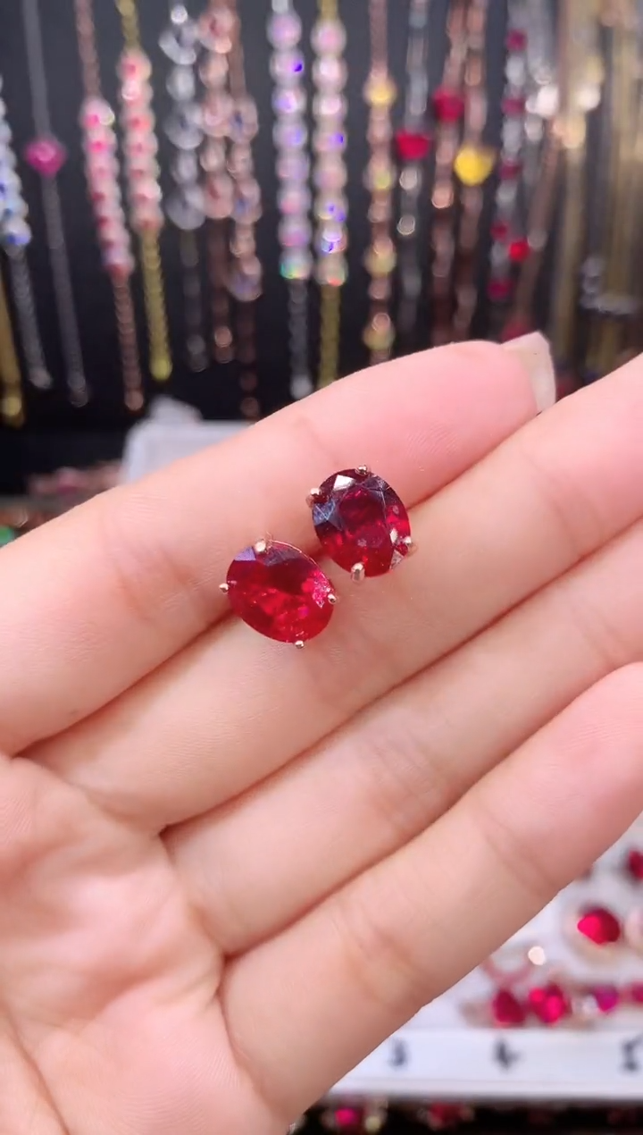 耳饰银S925镶嵌红宝石玫瑰金酒红810