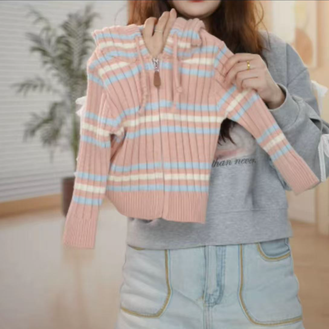 Snoopy/史努比女童纯色条纹常规毛衣百搭上衣修身休闲拉链连帽衫