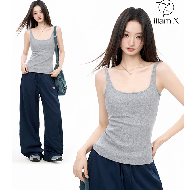 iiiamX灰色工字吊带背心女夏季无袖美背打底内搭辣妹外穿上衣2025