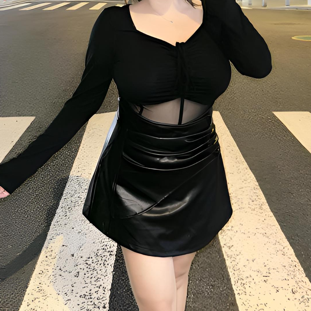 【性感野猫】微胖大码潮流时髦美式复古辣女新款上衣皮裙百搭两件套