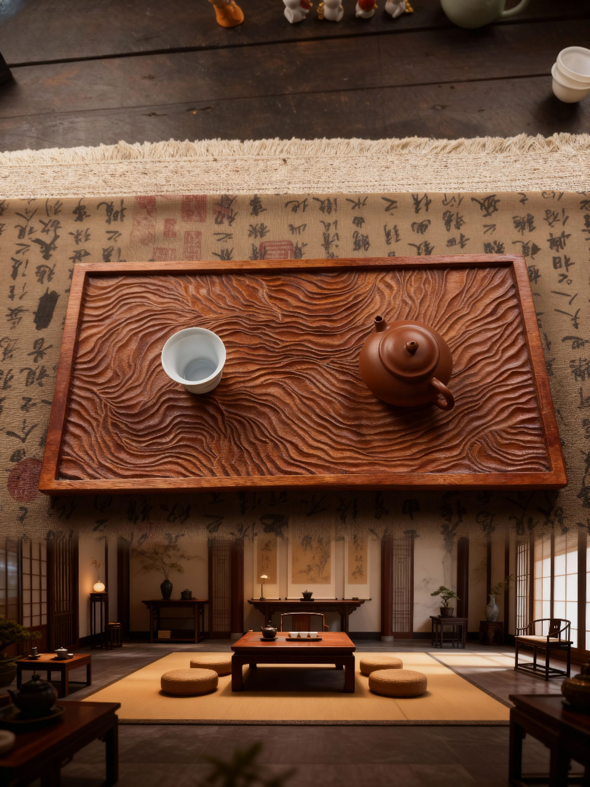 【海棠木千里江山干泡台➕海棠木手工四联杯垫组合装】围炉煮茶侘寂！