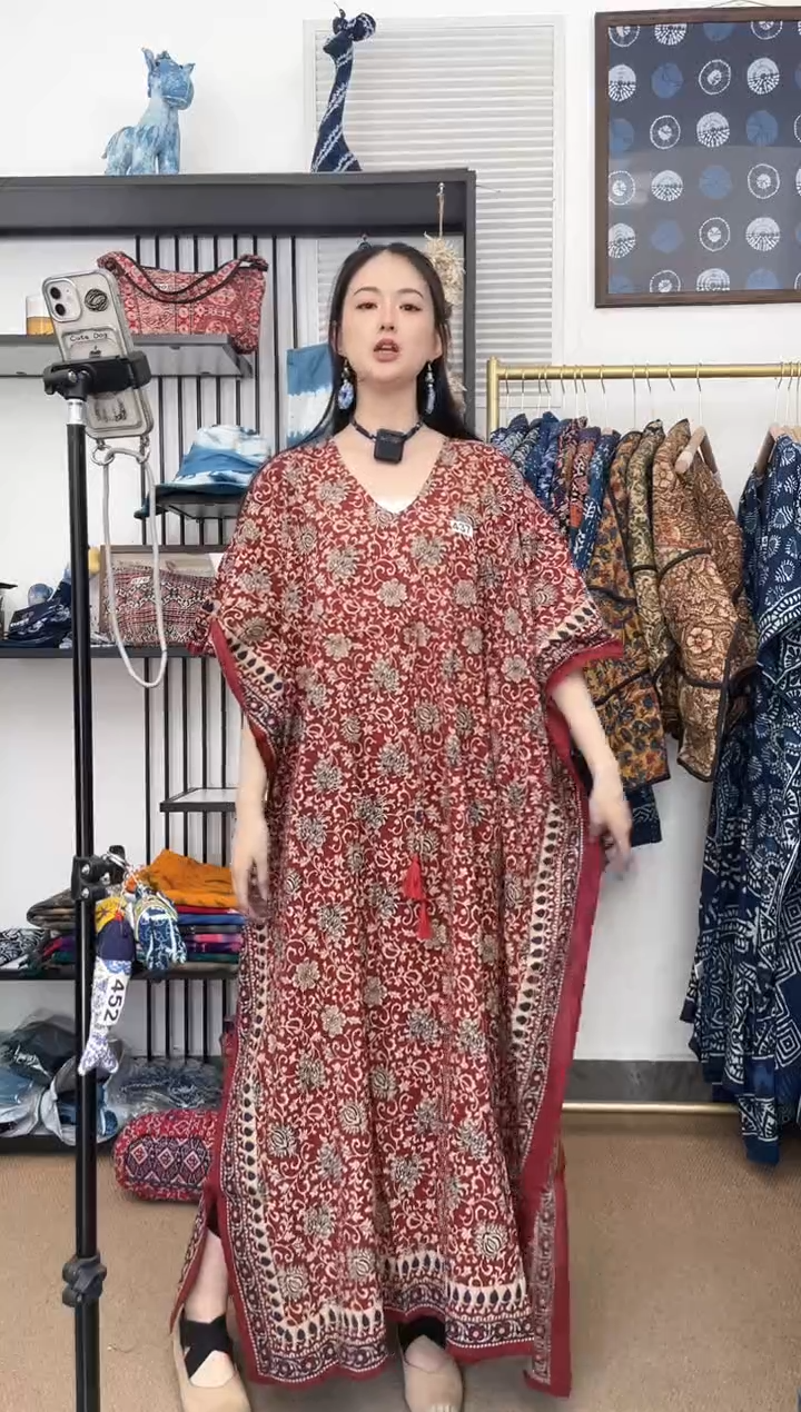 【闪购商品】437印度长绒棉拓印彩色卡夫坦130cm