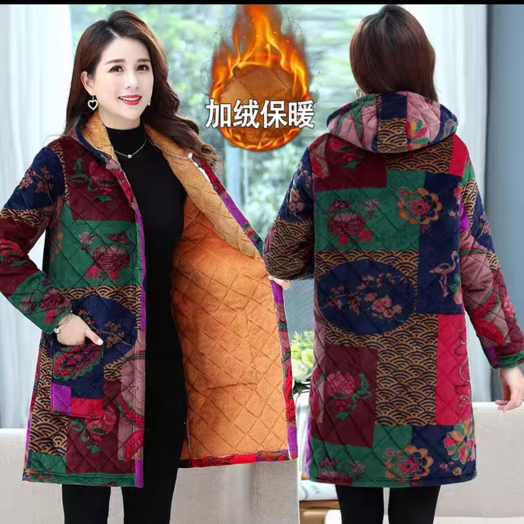花色加绒加厚保暖棉衣外套女士冬季防寒罩衣中长款连帽棉袄工作服