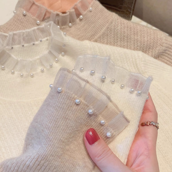 小香风半高领长袖内搭打底衫女秋装珍珠毛衣2025秋冬蕾丝针织上衣