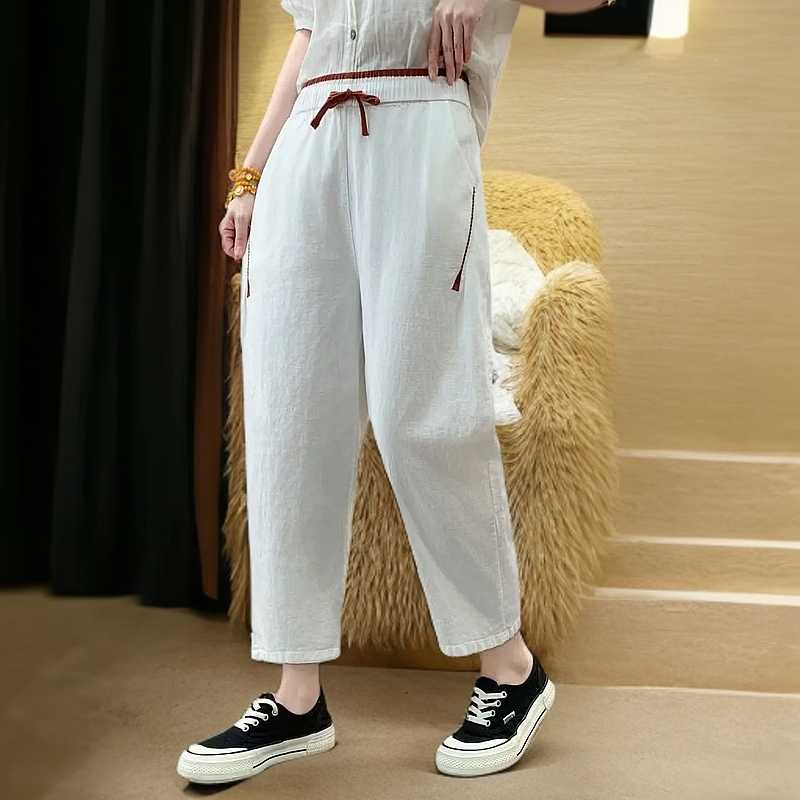2025夏季新款 棉麻高腰深档哈伦休闲裤遮肉显瘦百搭九分裤子