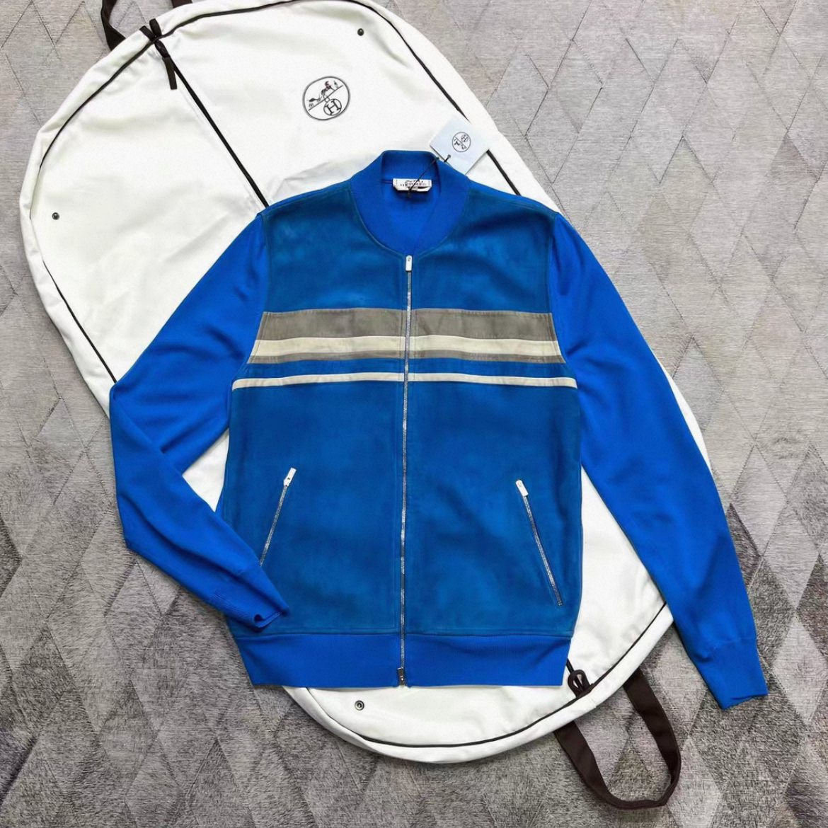 未使用 Hermes/爱马仕 磨砂羊皮拼接拉链夹克外套 蓝色/L