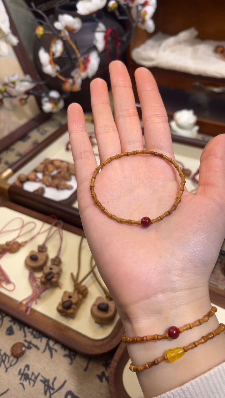 手串桃核【桃缘行】竹节「红色莎莎」桃木桃核辟、挡、驱、护 备注手围