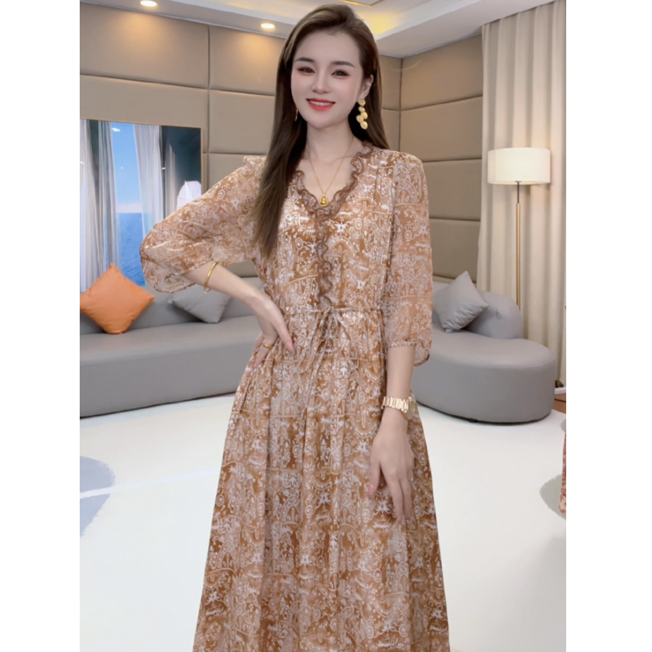 《静静心选》“日落棕榈”洋气收腰显瘦印花真丝连衣裙80181