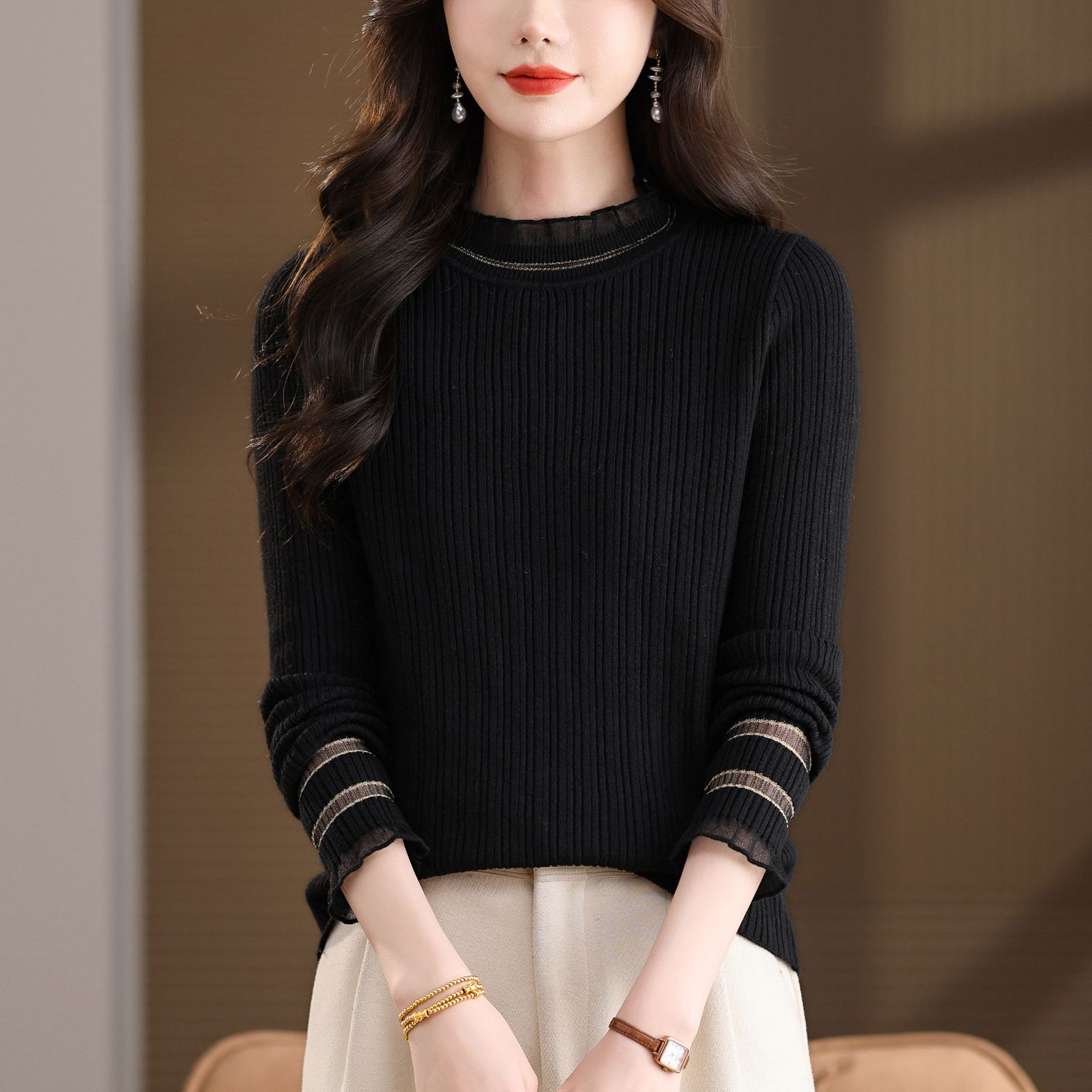 【羊毛衫】高弹力打底衫修身长袖洋气针织毛衣套头女毛针织衫