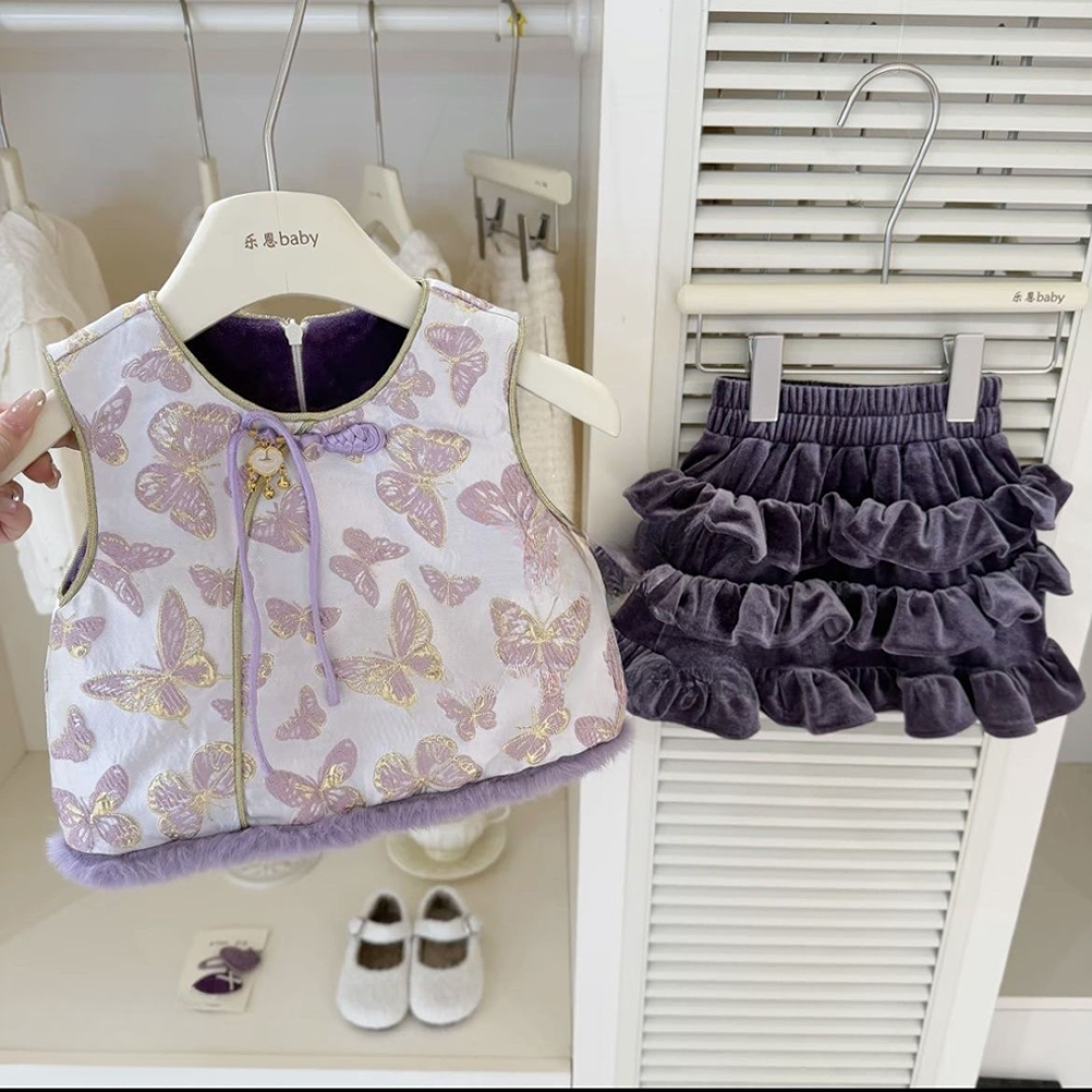 拜年服女童马甲汉服冬季新款古风儿童坎肩背心周岁礼服蛋糕裙套装