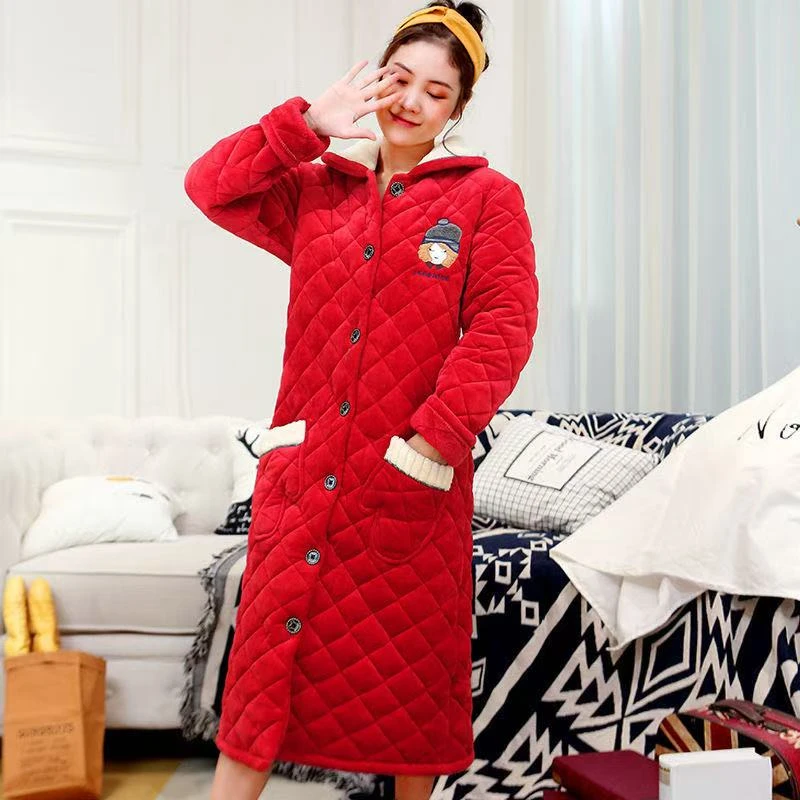 夹棉睡袍女秋冬三层加绒加厚中长款珊瑚绒棉袄翻领睡裙保暖家居服