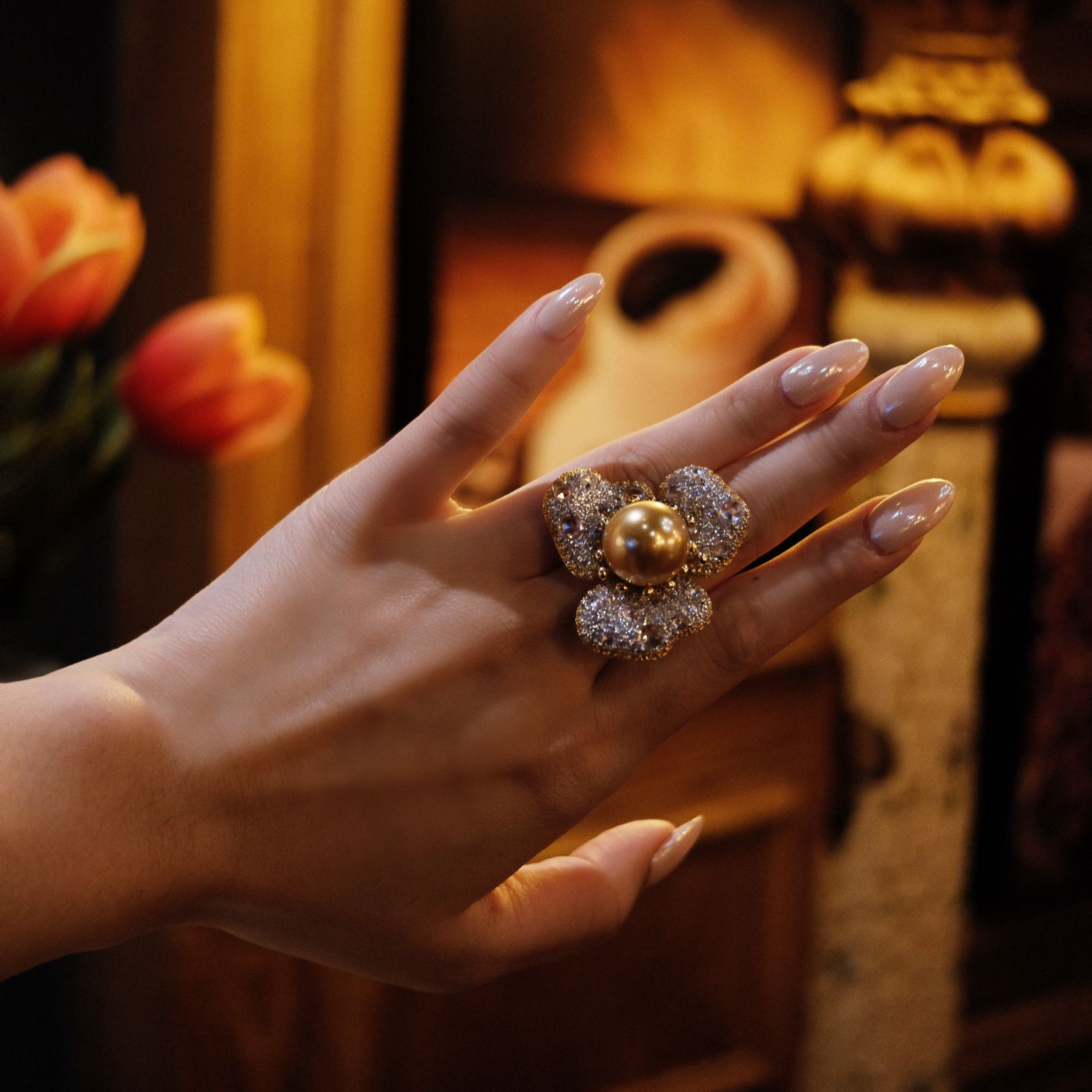 925银戒指 【涵韵】 金花戒指 16mm仿珍珠