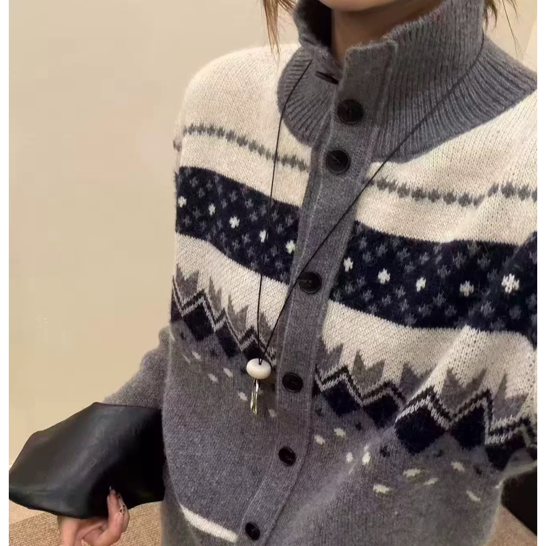 费尔岛开衫针织上衣翻领长袖网红百搭外穿宽松加厚秋冬