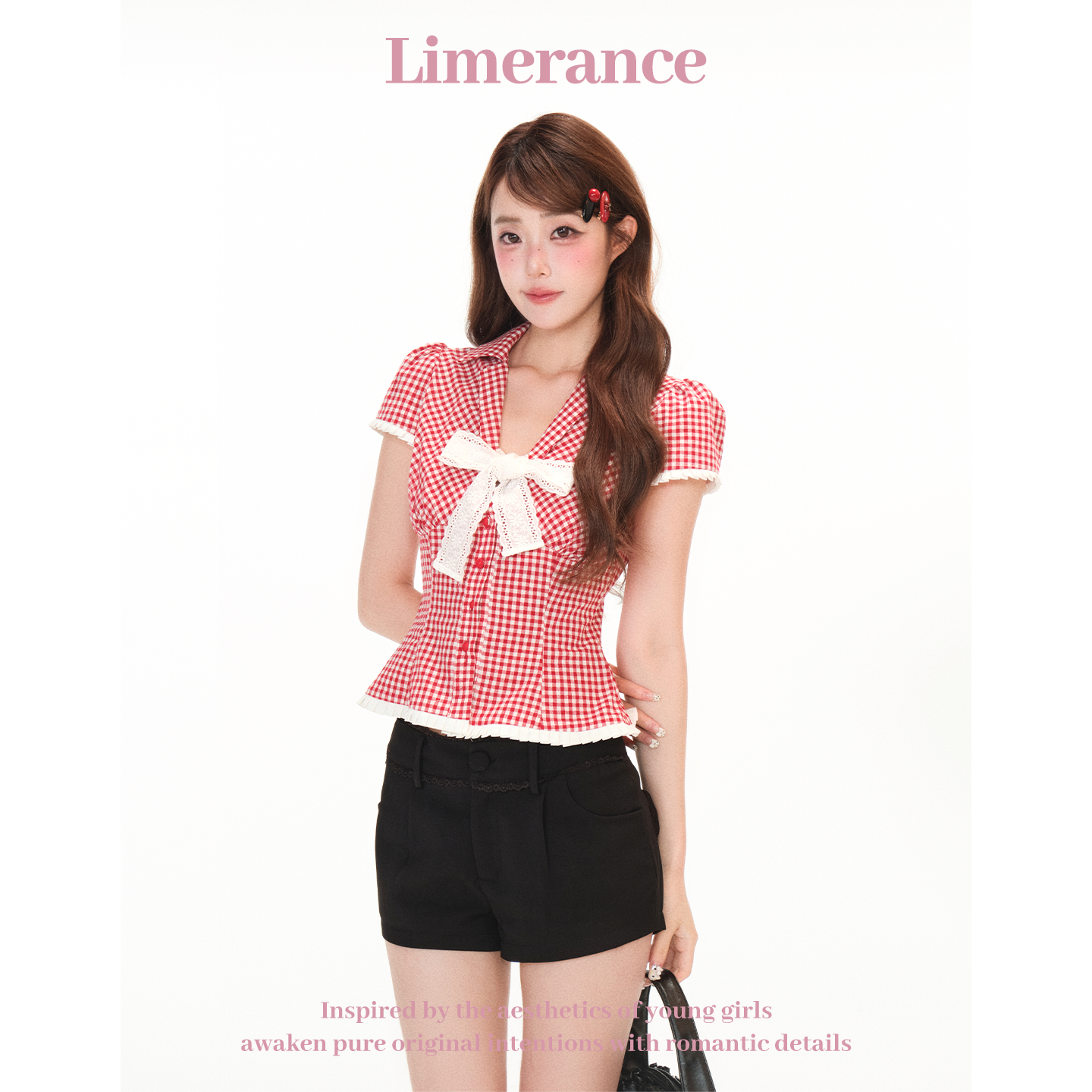 甜梨呆呆 红璃树莓红白格纹时尚显瘦衬衫百搭修身设计感衬衫 短裤