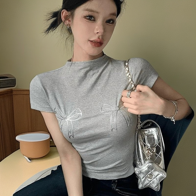 蝴蝶结印花半高领短袖t恤女夏季修身甜辣妹小众显瘦短款露脐上衣