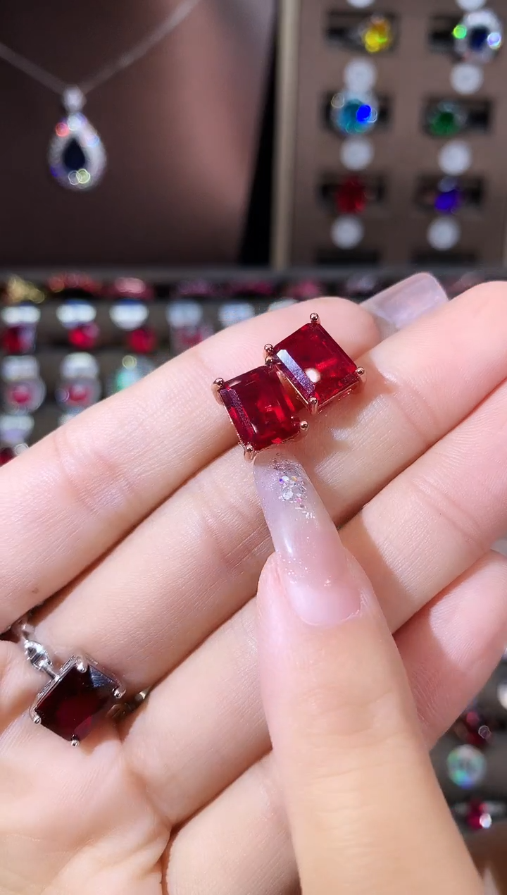 银S925镶嵌耳饰红宝石79酒红玫瑰金