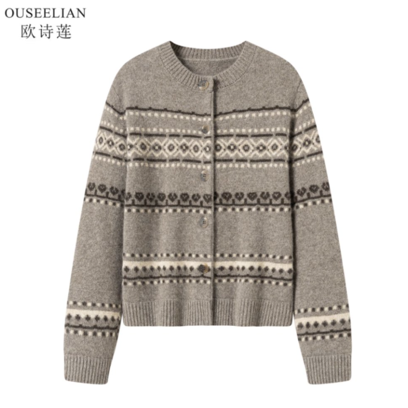 【欧诗莲】100%原生态牦牛绒不染色~精品奢感~圆领针织开衫厚款4683