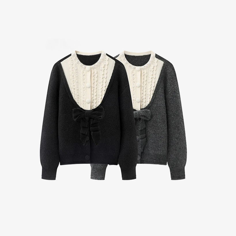 【外套】2025冬季新款深色拼接蝴蝶结装饰针织外套女E7858