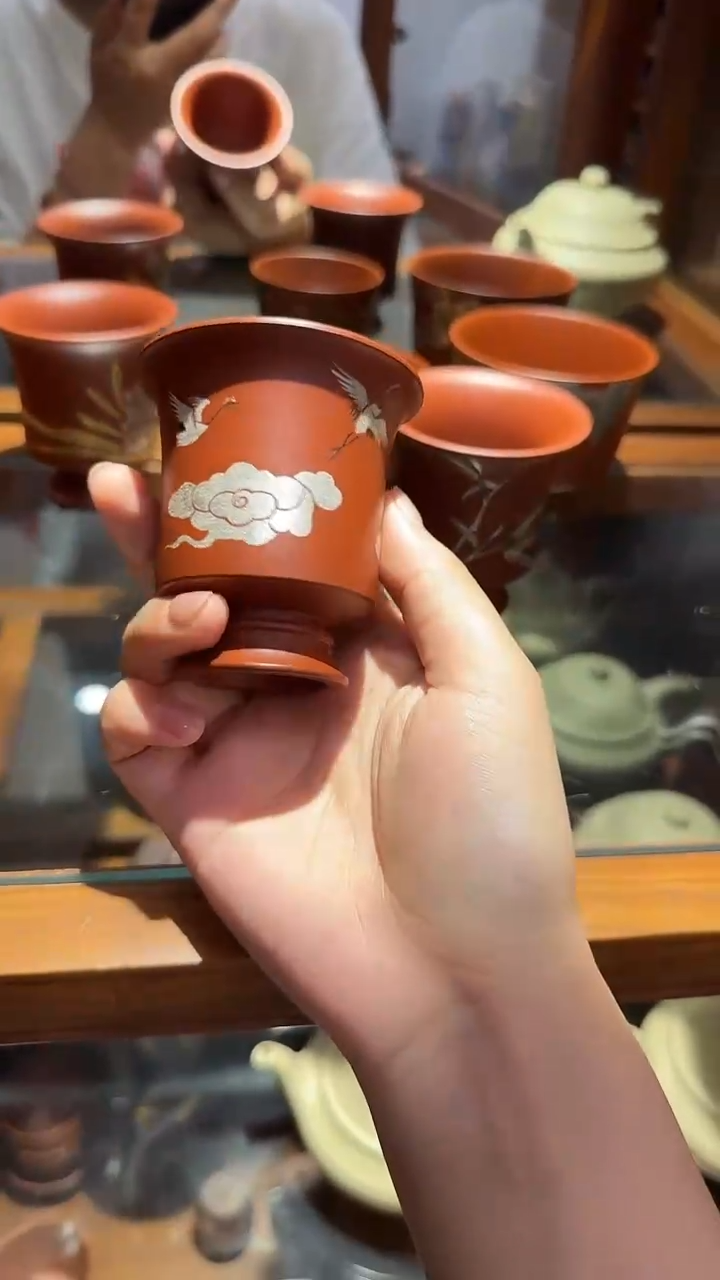 茶杯紫砂金银仙鹤 团云