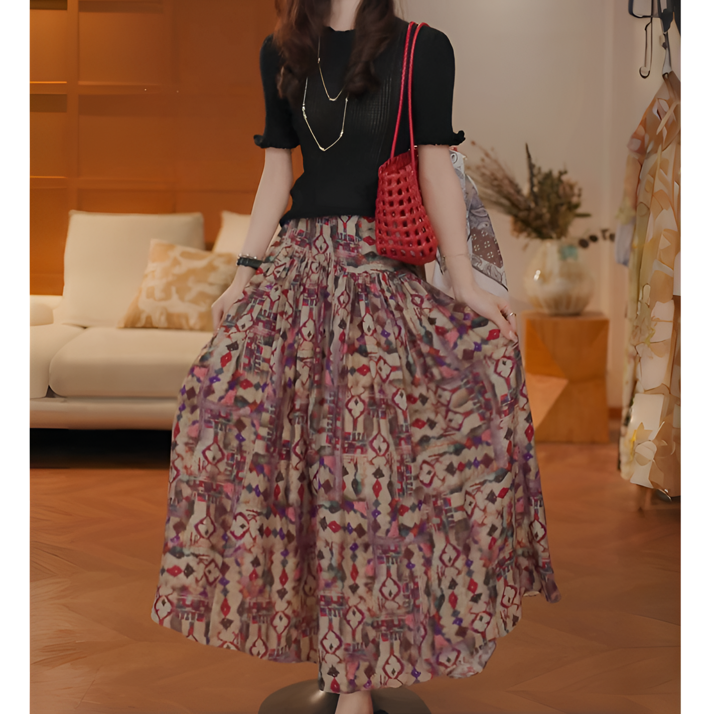 夏季新款显瘦百搭镂空针织衫+复古碎花半身裙两件套洋气套装女