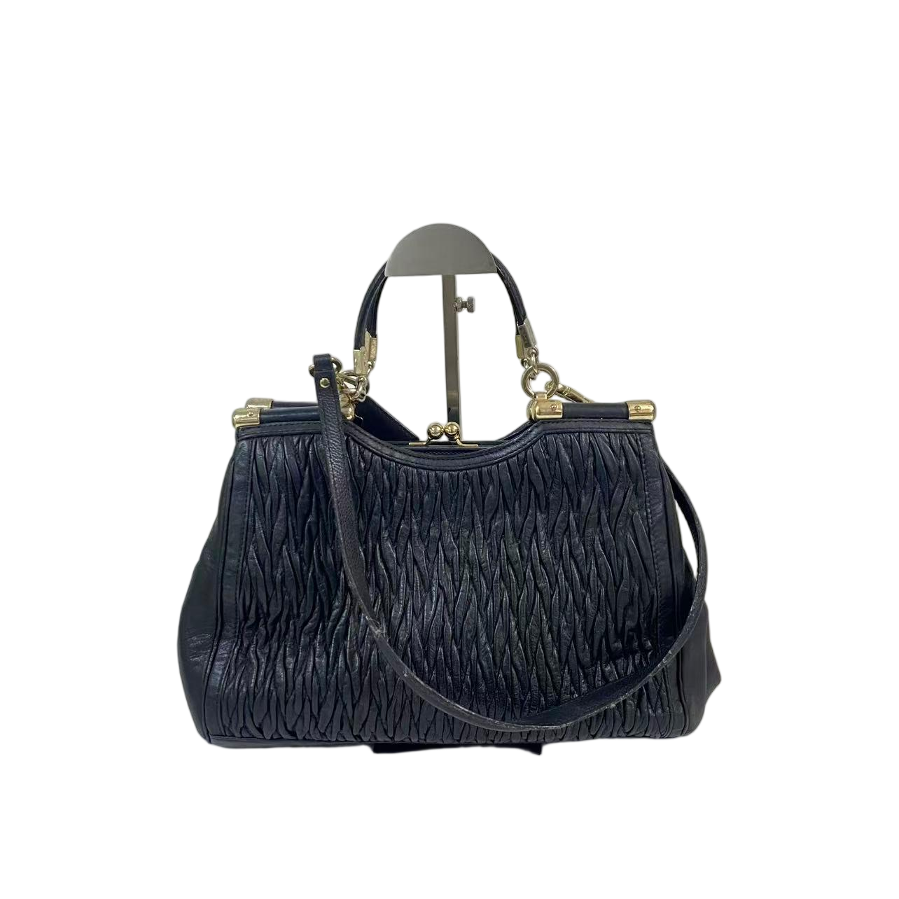 95新 COACH/蔻驰 黑色褶皱全皮手提单肩包牛皮中古SH-31002-A经典