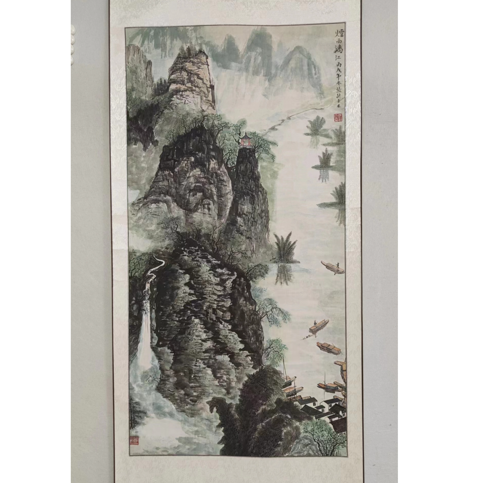 746 纯手绘老字画《烟雨漓江》中堂  尺寸 137×68