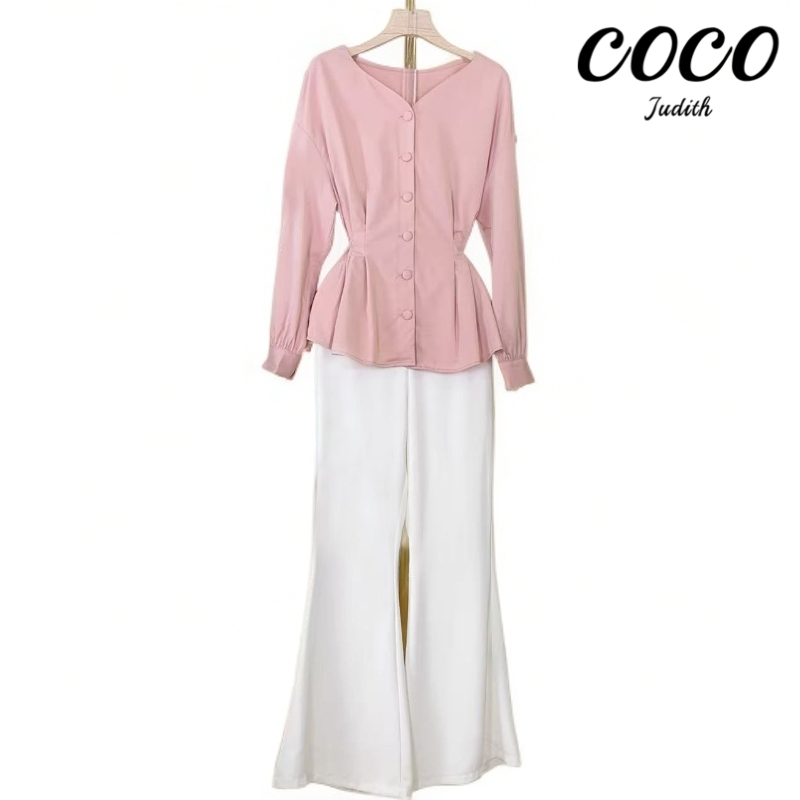 【两件套】2025秋季法式修身长袖气质上衣+休闲裤时尚套装M756