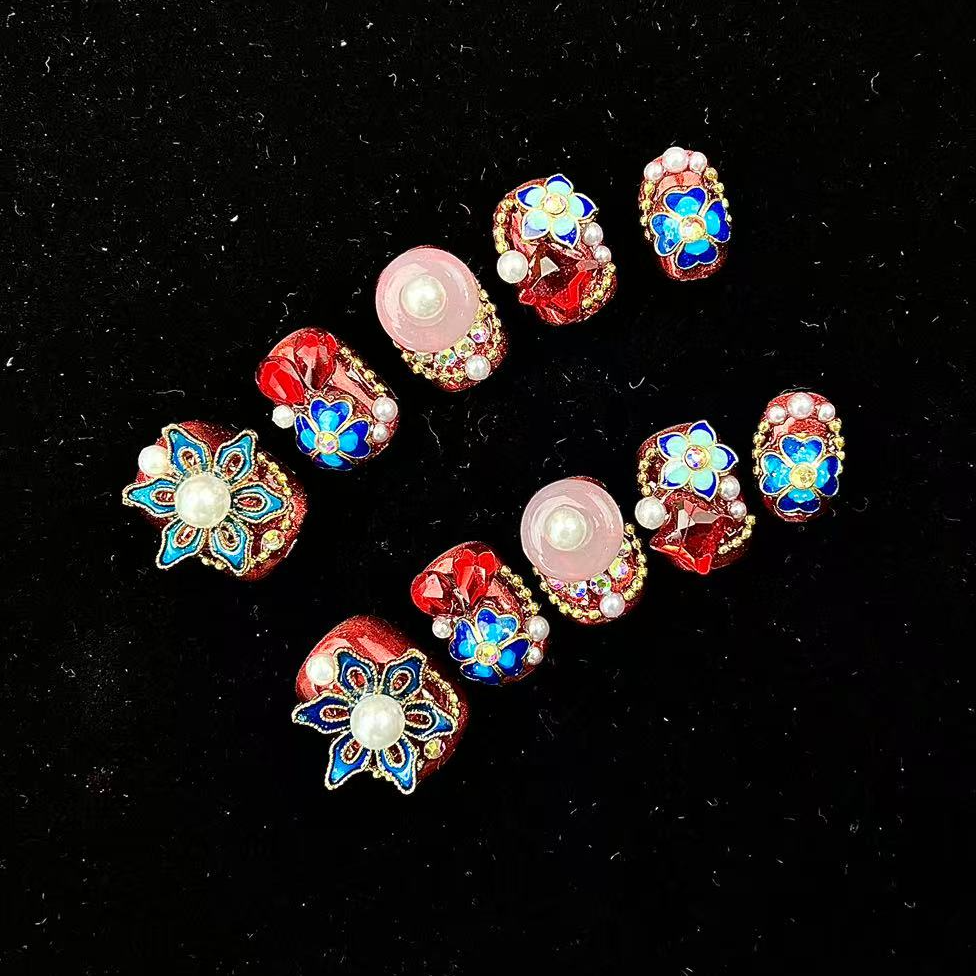 【BAO豆豆甲】景泰蓝国风珐琅彩绘鎏金饰品纯手工魔镜美甲穿戴甲