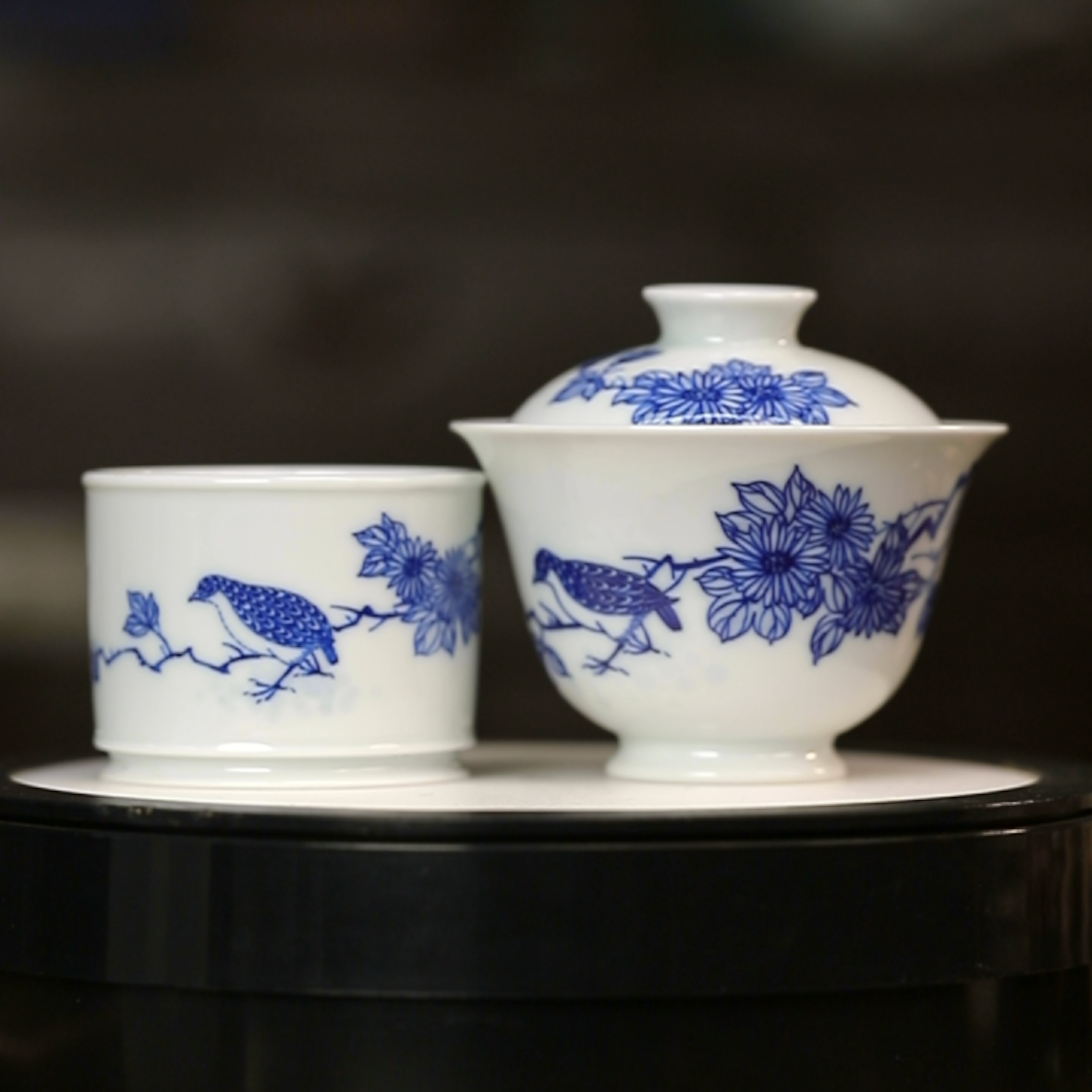 11.27/M3019+M3017/青花鹌鹑图盖碗+杯