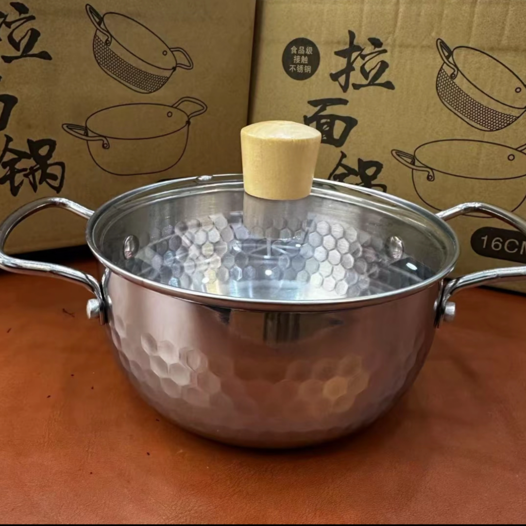 【特厚三层钢】带玻璃盖16cm加厚双耳泡面锅宝宝辅食锅小煮锅温奶锅