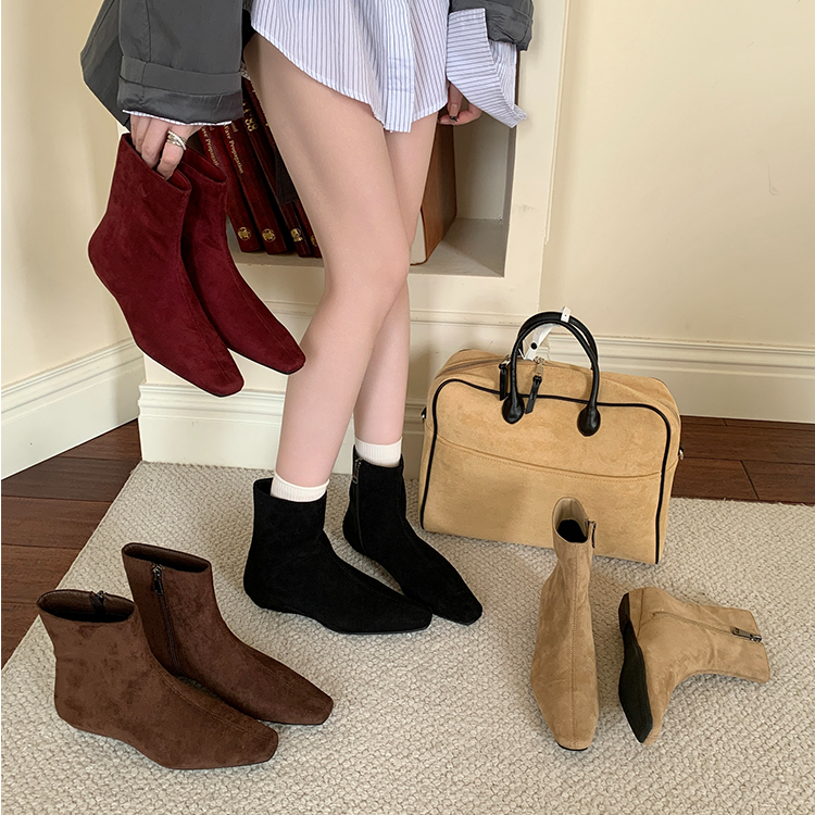 法式低跟方头小裸靴女2025秋冬新款绒面短靴百搭瘦瘦靴弹力短筒靴