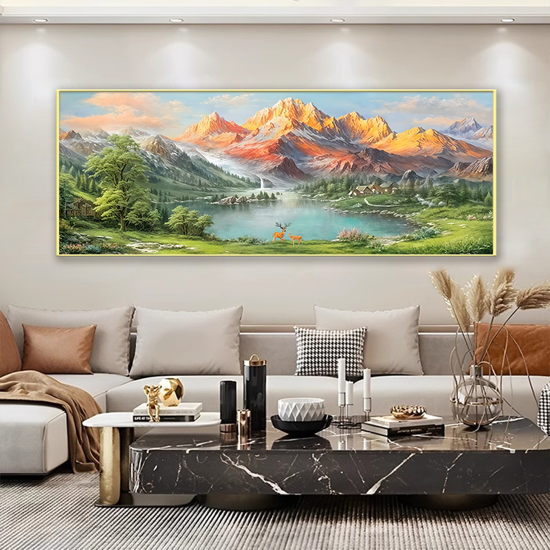 聚宝盆仿油画风山水画横款单幅画现代轻奢手工晶瓷画客厅沙发背景