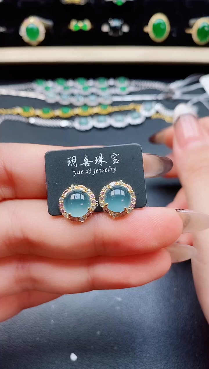 翡翠银S925镶嵌耳饰5080580