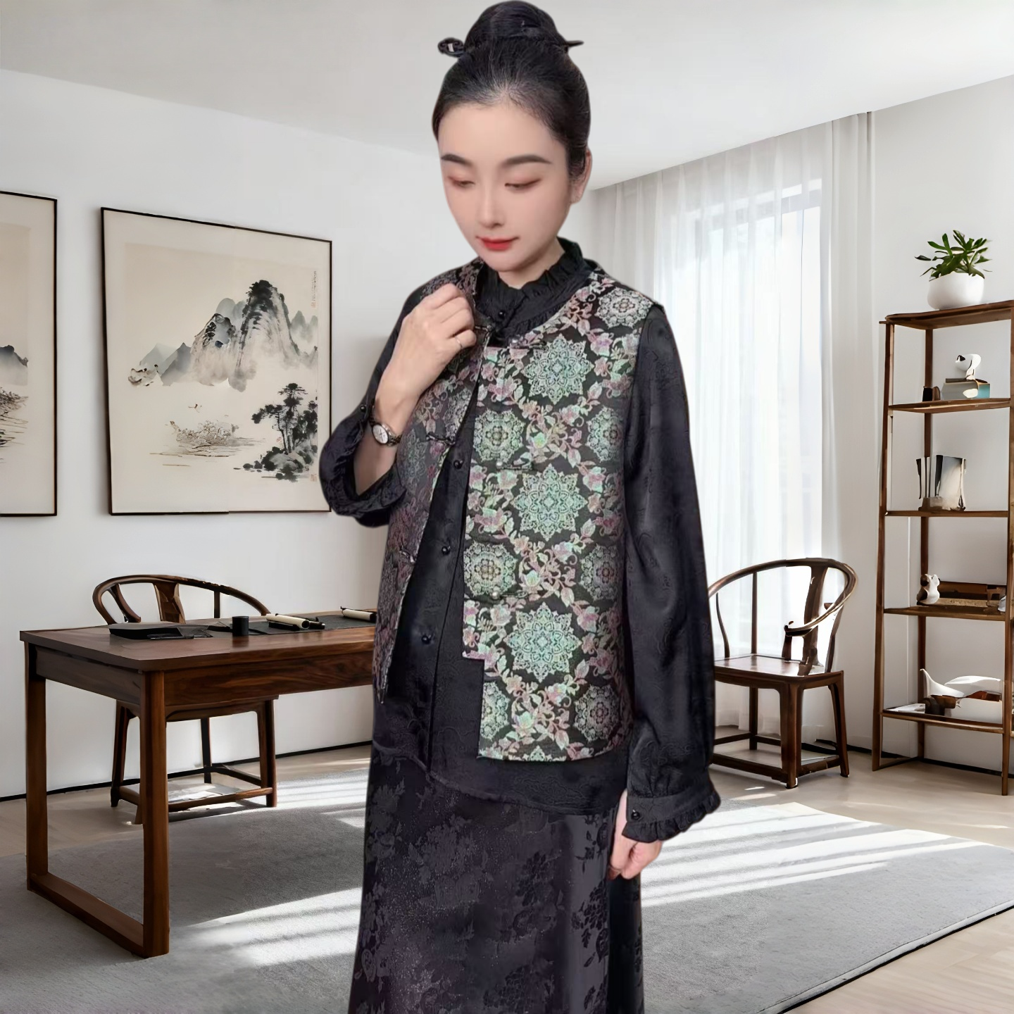 【沁月丝绸】新中式国风2025新款100%桑蚕丝唐锦复古高级感女款马甲