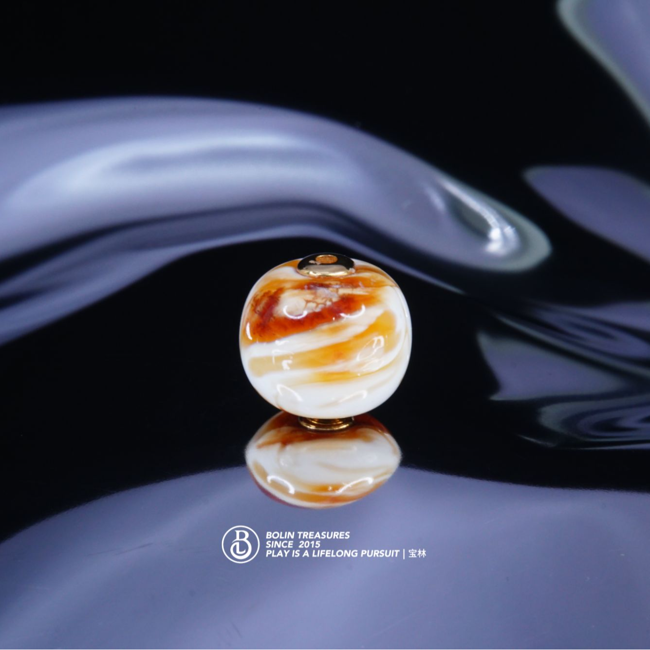 12.1mm橘红白彩沁色妖孽金管18k金老型单珠 天然琥珀蜜蜡文玩配饰