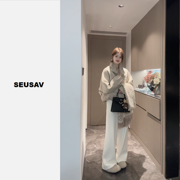 【柔絮】立领抽绳羊毛拼接短款90羽绒服