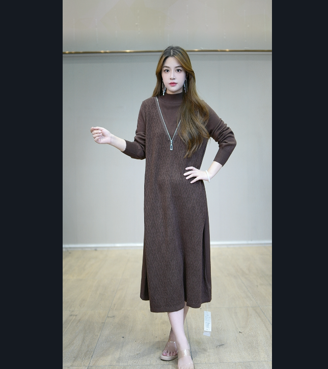 【嘉施兰格】1642新款连衣裙2025秋冬时尚中长款纯色长袖裙子潮流