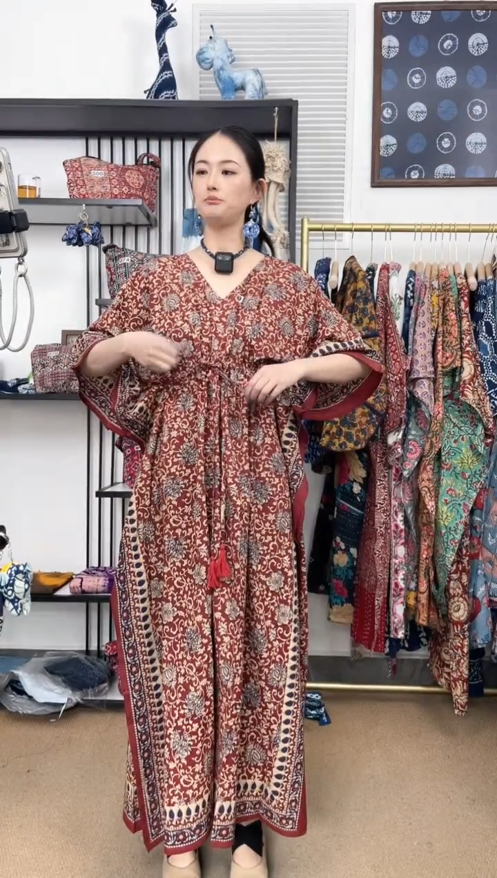 【闪购商品】469印度长绒棉拓印彩色卡夫坦130cm