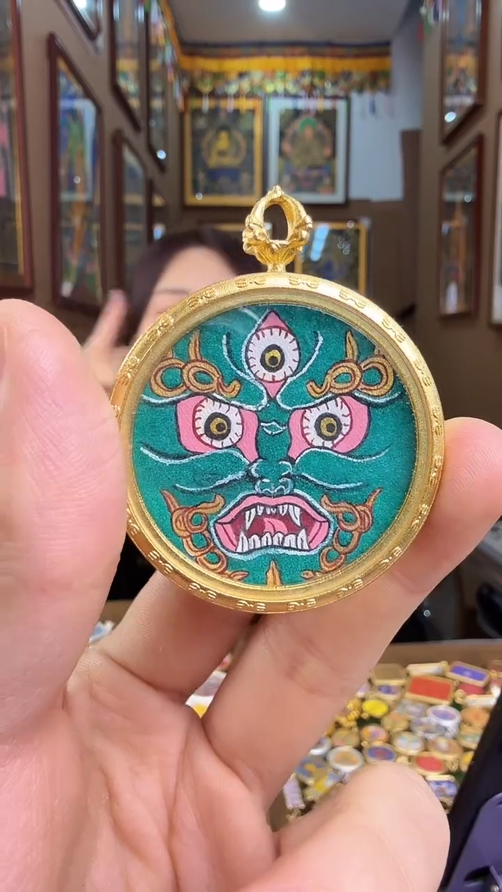 吊坠绿财神-纯手绘唐卡