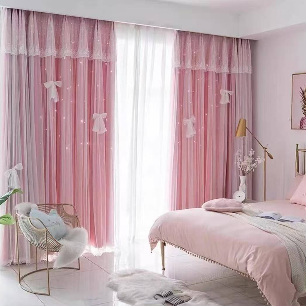 粉色—简约现代轻奢遮光窗帘网红款双层蕾丝纱帘