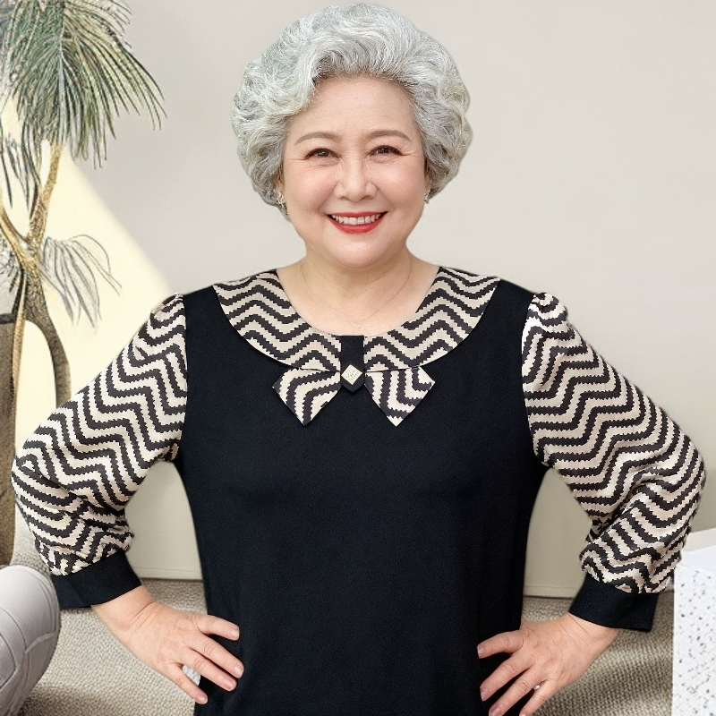 翻领肌理常规宽松中老年女装秋冬洋气针织衫女装七分袖妈妈装