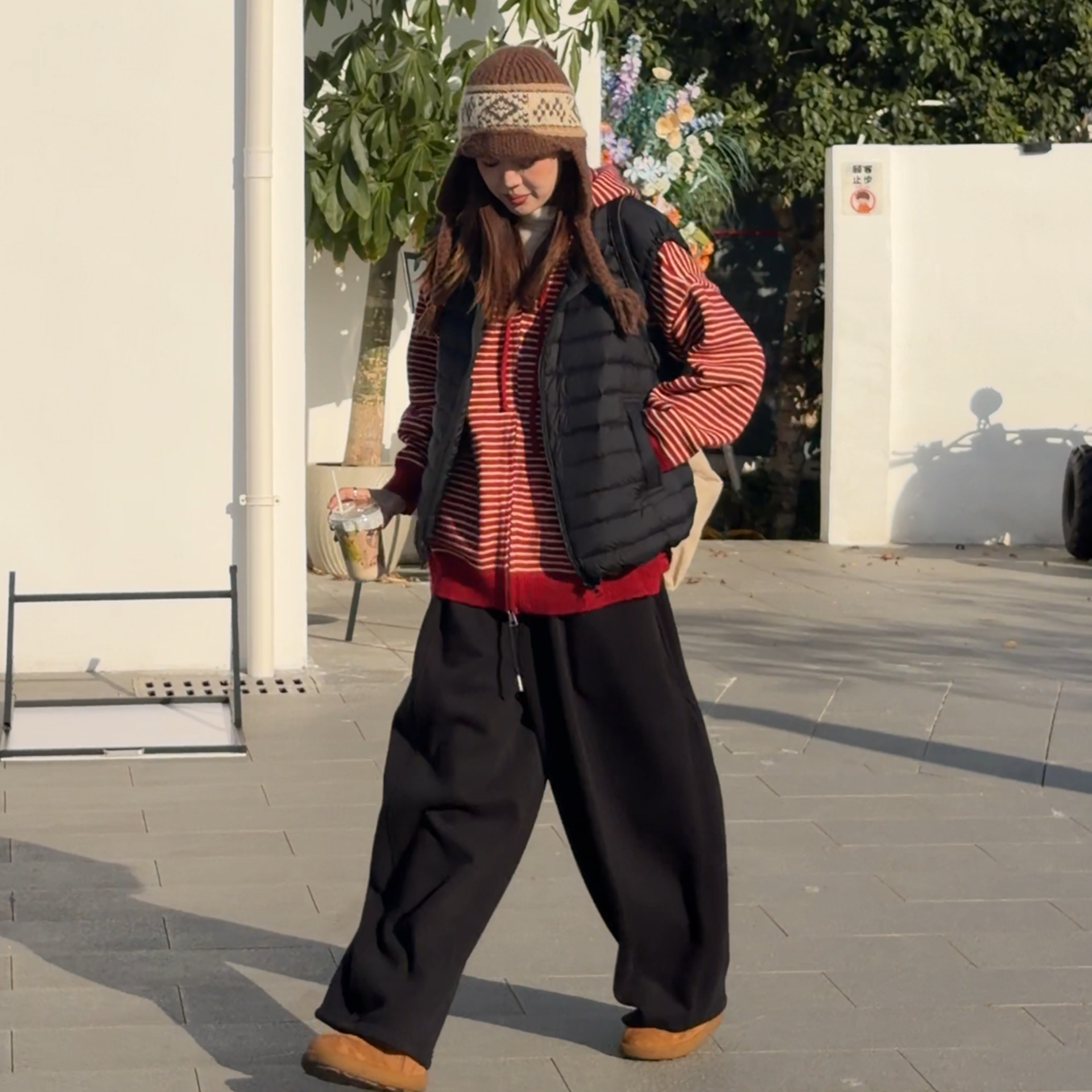 橘子罐头冬季新款复古百搭韩版加厚宽松条纹毛衣拉链卫衣外套