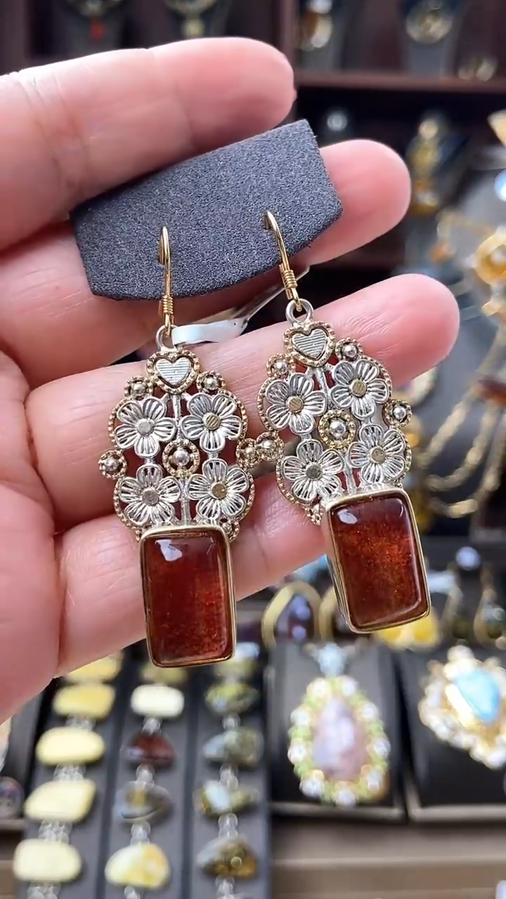 【闪购商品】琥珀耳饰银S925镶嵌耳环