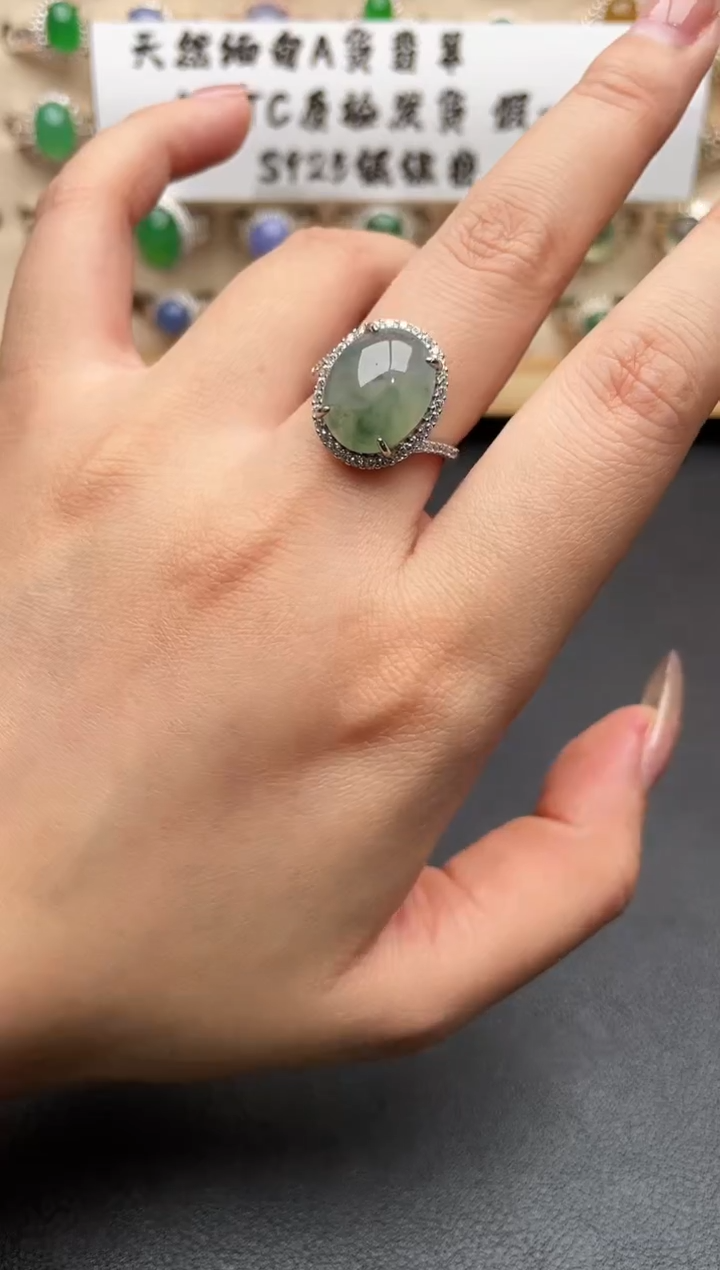 银S925镶嵌戒指翡翠一物一证一礼盒