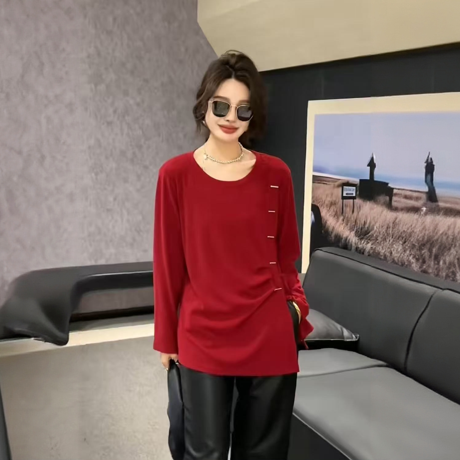 XPP特体3-9码大码上衣正肩巨显瘦遮肚不规则长袖打底T恤女3937