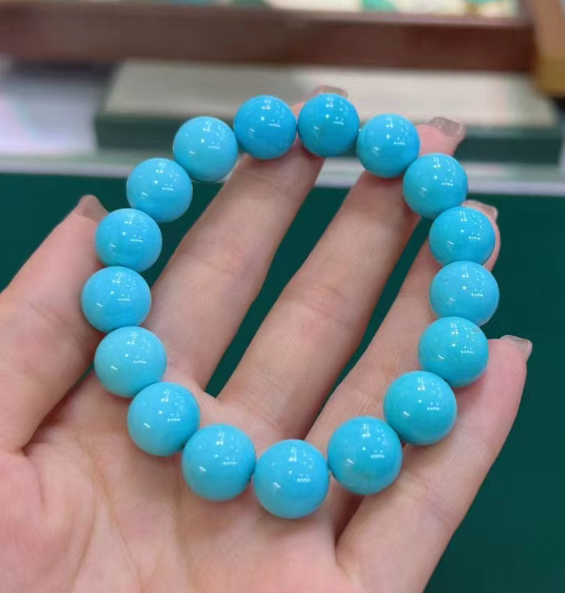 高瓷原矿绿松石圆珠手链国风